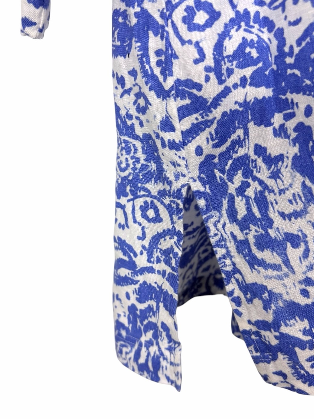 Kate Hill 100% Linen Blue White Print Split Neck Tunic Top L - Picture 4 of 7